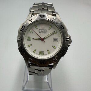 Wenger Swiss Military Watch Men Silver Tone White Dial Date Window New Battery